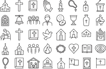 Collection of Christian Religion, Worship, and Faith Outline Icons