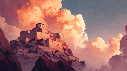 Fototapeta premium A watercolor castle on a hill at sunset is presented in vibrant colors as a stock image