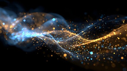 Dynamic energy flows as luminous, interwoven ribbons of gold and cool blue light surge across a dark background, evoking a sense of movement and ethereal beauty.