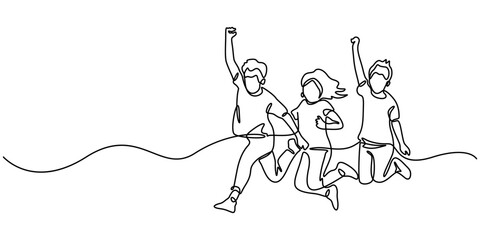 Happy Children Jumping Silhouette Continuous One Line Drawing. Kids Players Abstract Minimal Line Art Drawing, Single one sketch line childhood vector illustration editable stroke, Celebration Joy pro