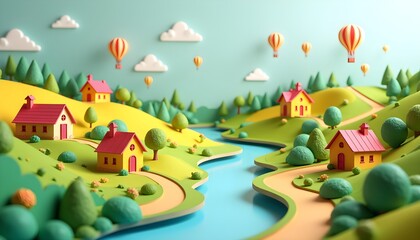 A scenic landscape with colorful houses and hot air balloons in the sky
