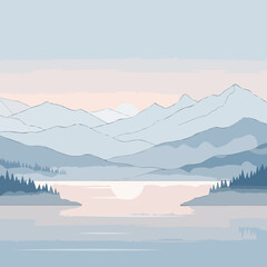 Peaceful mountain range and lake landscape at sunrise scene