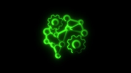 Glowing Green Gears and Connected Nodes on Black Background