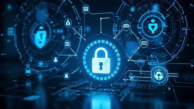 Digital cyber security network protection with glowing lock and connections