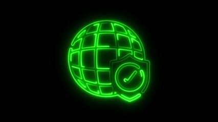 Glowing Green Neon Globe with Shield and Checkmark on Black Background