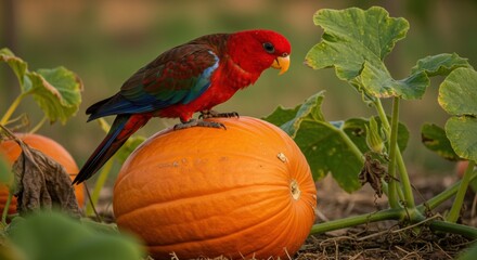 red parrot bird | A vibrant red parrot perched on a bright orange pumpkin in a lush garden, surrounded by green vines and leaves, showcasing the beauty of nature in autumn