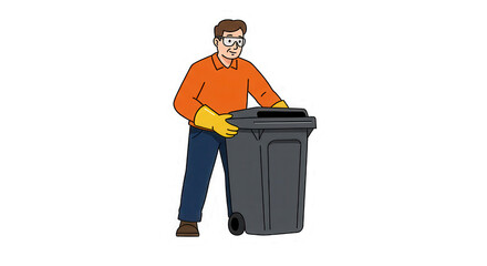 Person with Trash Can in Safety Gear Illustration