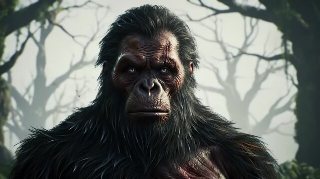Large ape in a misty forest