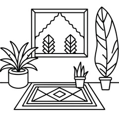 modern-line-drawing-of-home-interior-with-boho-ru.eps