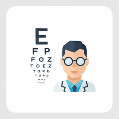 An icon of an optometrist or ophthalmologist with a Snellen eye chart. 