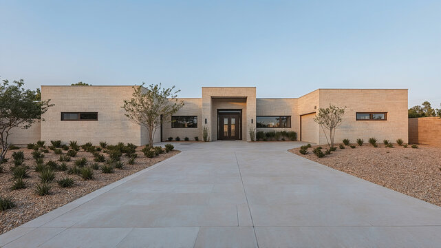 Modern luxury home exterior featuring a long concrete driveway and architectural design with contemporary curb appeal