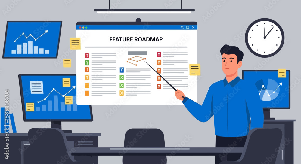 Poster explaining feature roadmap with analytics presentation in modern office