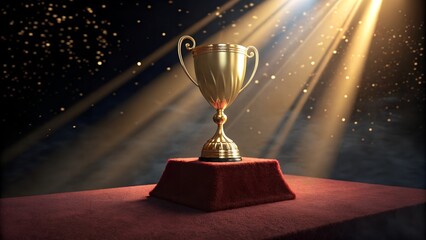glowing gold trophy on velvet podium with dramatic