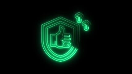 Green Neon Thumbs Up Shield with Arrows on Black Background