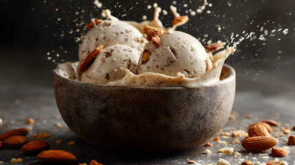 Dynamic close-up of creamy almond ice cream scoops in a rustic bowl with milk splashing and almonds scattered