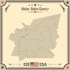 Large and accurate map of Idaho County, Idaho, USA with vintage colors.