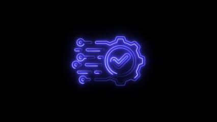 Neon Blue Gear with Checkmark and Circuitry on Black Background