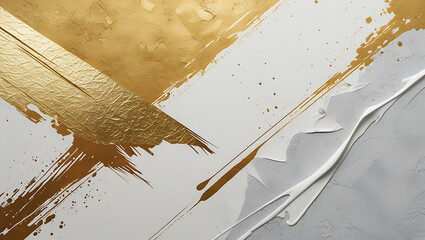Abstract gold, grey, and white paint background. Modern luxury art with textured metallic brush strokes, paint splatter, and cracked surface for a contemporary wallpaper design