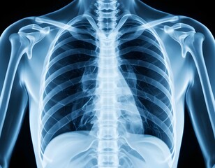 Upper body x-ray showcases skeletal structure, ribs, and chest cavity for diagnostic medical evaluation.