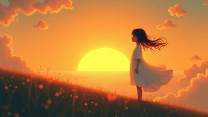 Emotional Surreal Illustration of a Person Standing Alone on a Hill at Sunset – Gazing into the Distance with a Sense of Longing, Soft Warm Tones, Dreamy Atmosphere, High-Resolution Artistic Style