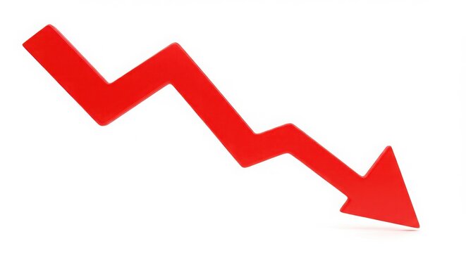 Red downward trending graph arrow isolated on white background