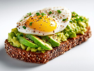 Delicious avocado toast with fried egg and spices for healthy breakfast