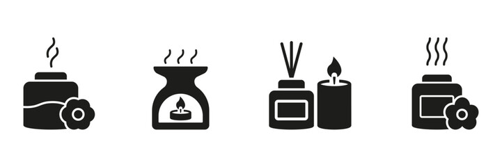 Aromatherapy And Fragrance Diffuser Solid Icon Set. Relaxation, Wellness, And Home Scenting Silhouette Symbol Collection. Essential Oils, Candles, And Incense. Isolated Vector Illustration