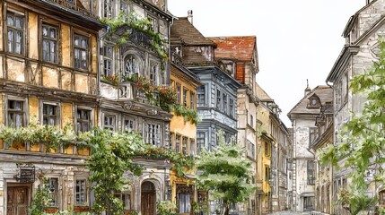 Fototapeta premium A charming medieval village scene featuring halftimbered houses and cobblestone streets in digital painting