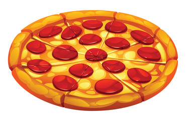 Whole pepperoni pizza, sliced and ready to eat, with melted cheese on a white background. Vector cartoon illustration