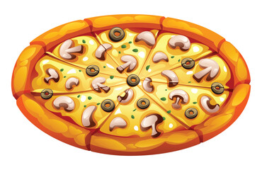 Whole mushroom and olive pizza, sliced and topped with melted cheese on a white background. Vector cartoon illustration
