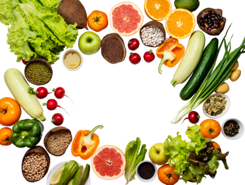 Healthy food frame made of fresh vegetables, fruits, legumes, and superfoods. Top view flat lay, isolated on a transparent background with central copy space for text.Clean eating and detox concept