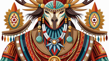 Fototapeta premium Arizona’s Yaqui ceremonial wear includes woven sashes, shell jewelry, and deer masks, ideal for a mystical, spiritual full-body vector artwork with traditional depth.