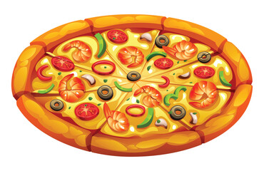Whole seafood pizza, sliced and covered with shrimp, olives, and bell peppers, on a white background. Vector cartoon illustration