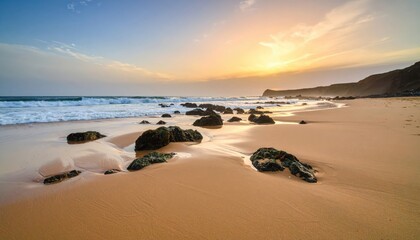 Calm sandy beach with scattered rocks and tide pools at low tide, featuring gentle waves and soft pastel morning sky — perfect for landscapes, wallpaper, scenic view, nature and relaxation visuals