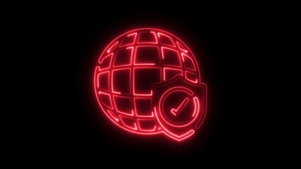 Red Neon Globe Shield with Checkmark on Black Background