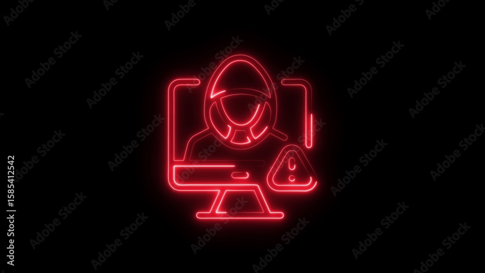 Fototapete red neon icon of a computer screen with driver and warning symbol on black background
