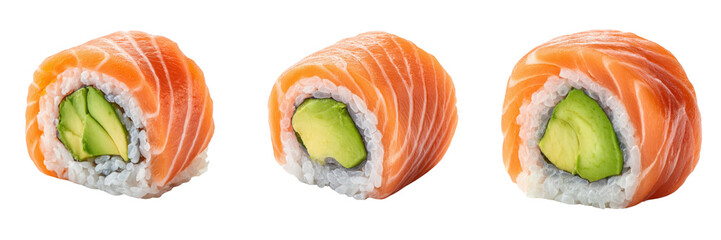 Fresh Salmon Sushi Rolls with Avocado Filling Isolated on Transparent Background
