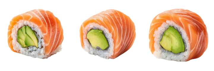 Fresh Salmon Sushi Rolls with Avocado Filling Isolated on Transparent Background