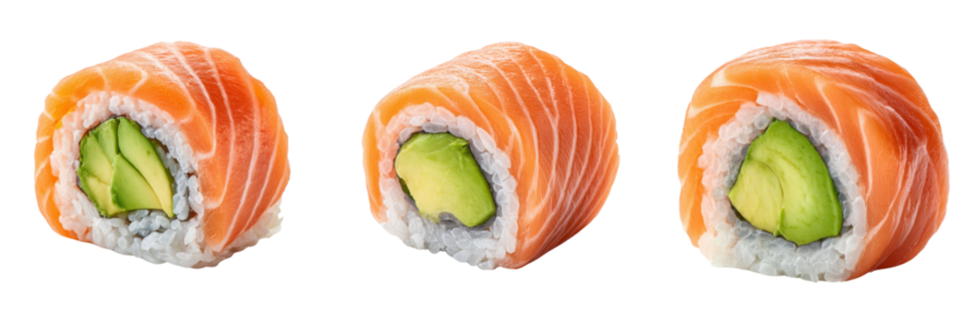 Fresh Salmon Sushi Rolls with Avocado Filling Isolated on Transparent Background