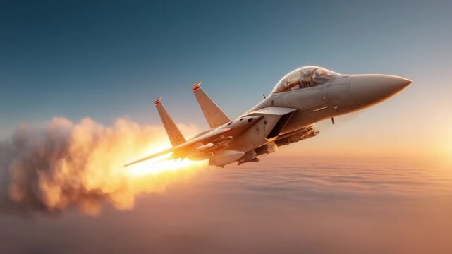 soaring Jet: A fighter jet streaks across the vast sky, leaving a trail of fire and smoke as it flies with speed and precision. this image showcase aviation and defense industry.