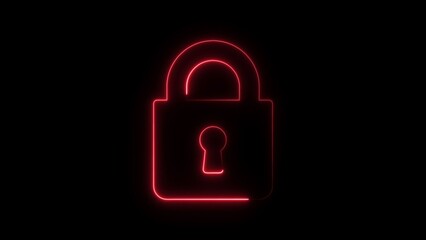 Red Neon Padlock Silhouette on Black Background Security Concept