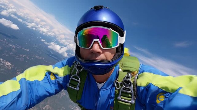 Daredevil's Descent: A skydiver, clad in vibrant attire, captures a self-portrait mid-air, against the backdrop of a boundless blue sky. Experience the exhilaration of freefall.