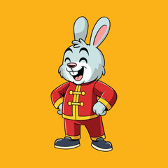 Cheerful cartoon rabbit in red Chinese outfit, smiling proudly for the Lunar New Year celebration