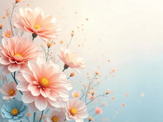 Colourful pastel flowers on a cream and light blue gradient. Translucent petals with orange and yellow blossoms. Light, elegant, surreal, and peaceful against a pastel background. Invitation card