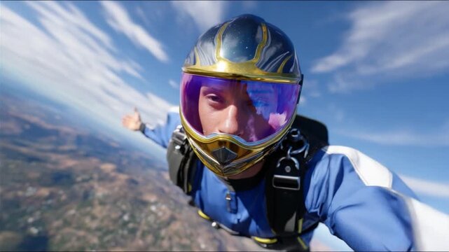 Wingsuit Flying: A thrilling first-person perspective of a wingsuit flyer soaring through the vast expanse of the sky, showcasing the incredible speed and freedom of this extreme sport.