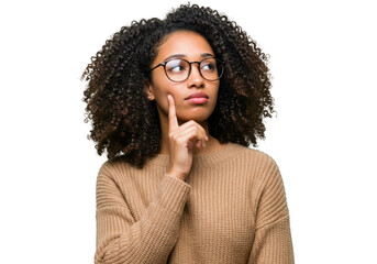 An african american woman isolated on transparent background with curly hair and glasses is thinking deeply with her finger on her chin