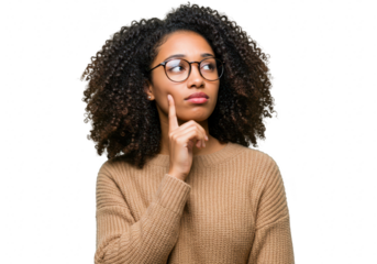 An african american woman isolated on transparent background with curly hair and glasses is thinking deeply with her finger on her chin