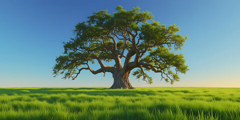 Fototapeta premium Serene Green Meadow with Ancient Oak and Clear Sky