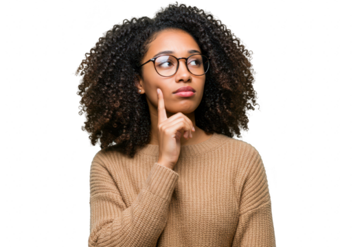 An african american woman isolated on transparent background with curly hair and glasses is thinking deeply with her finger on her chin