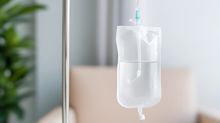 IV drip bag hanging on a metal stand, providing fluids. Medical care and treatment for patients in hospitals or at home. Hydration and medication administration.